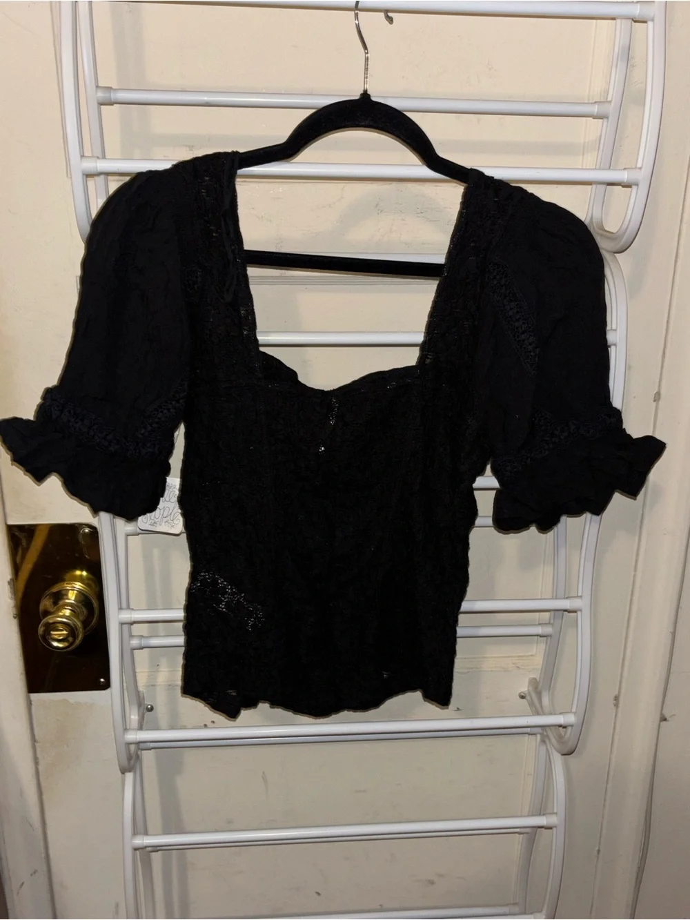 Free People Black Lace Puff Sleeve Crop Top Grunge Dark Romantic Goth
